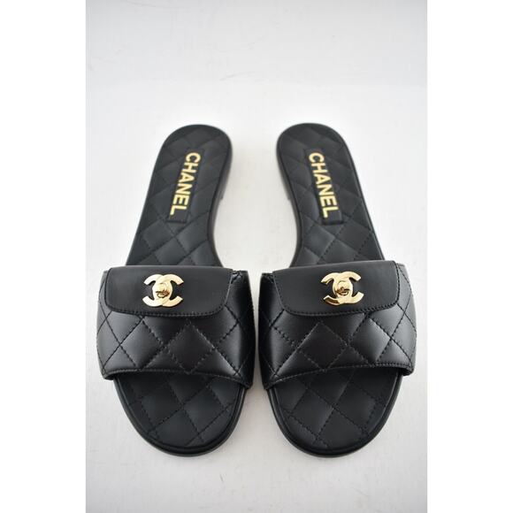 Chanel REV Black Turnlock Quilted Gold CC Logo Mules Slide Sandal Flop Flat 36.5 - Picture 1 of 12